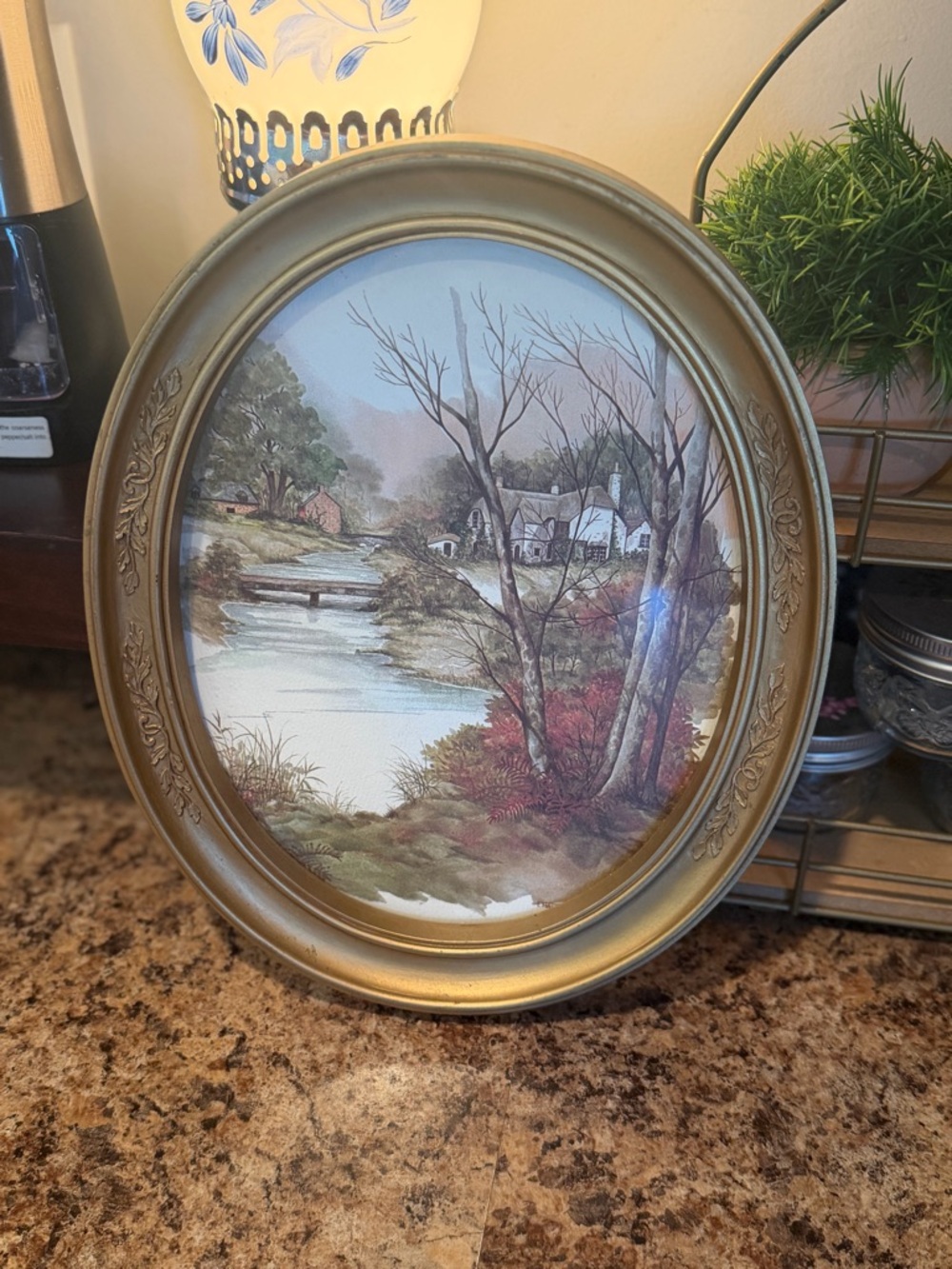 Vintage Homco 1983 Oval Gold Framed Cottage Landscape Print 3404